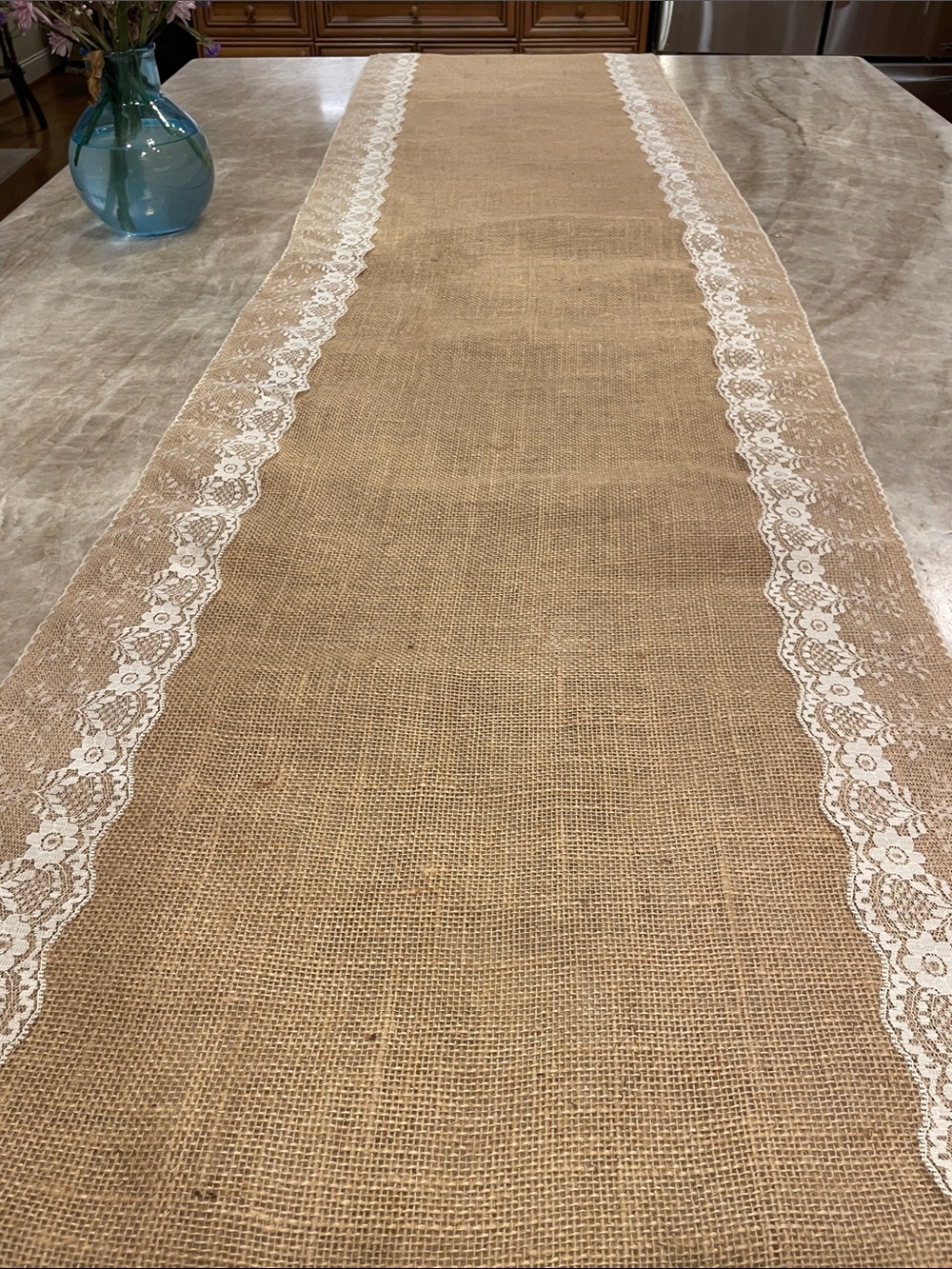 Burlap Table Runner with White Lace Trim - Home Dining. 20x80”